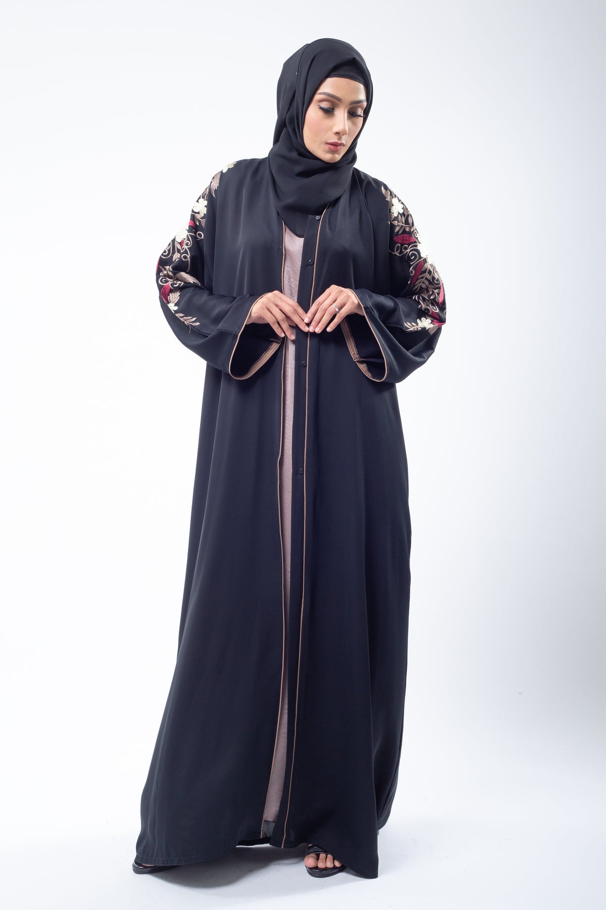 Floral Embroidery Black Open Abaya