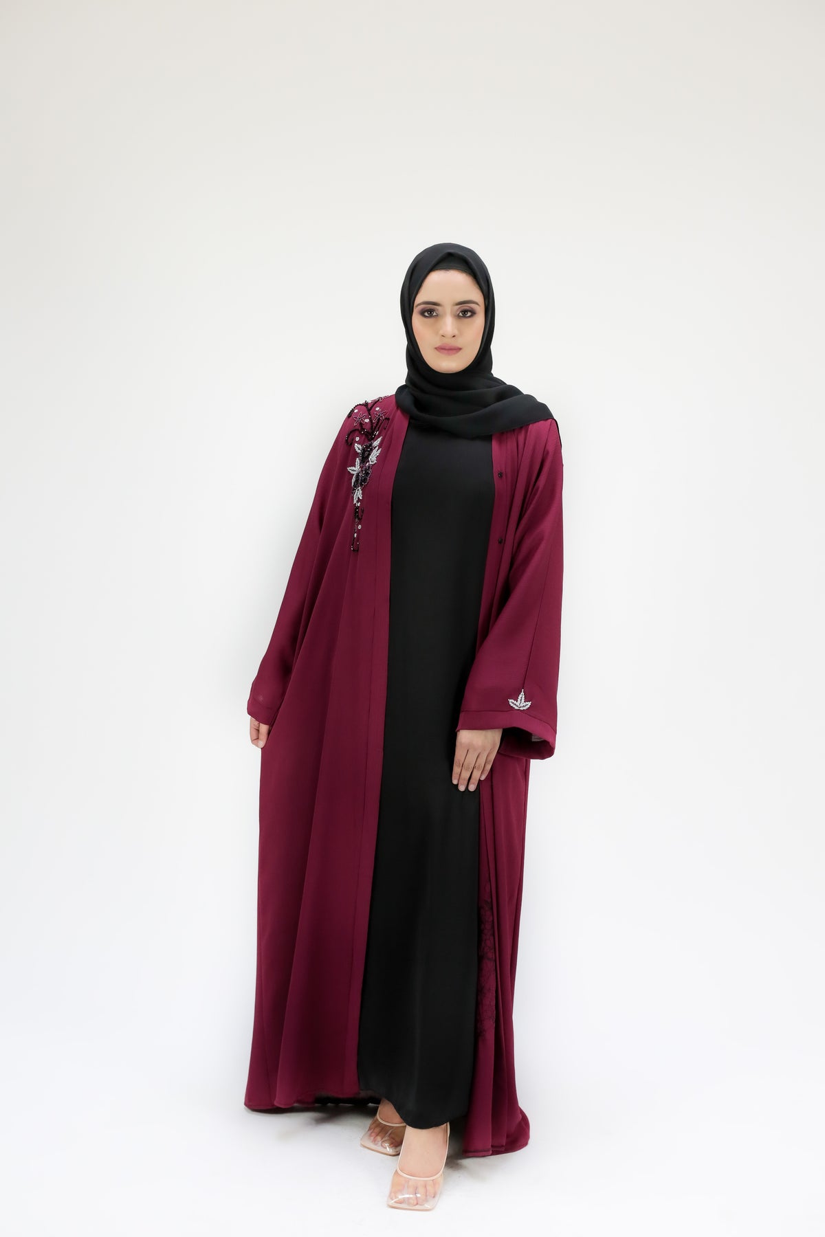 Sofia Dark Cherry Embellished Open Abaya