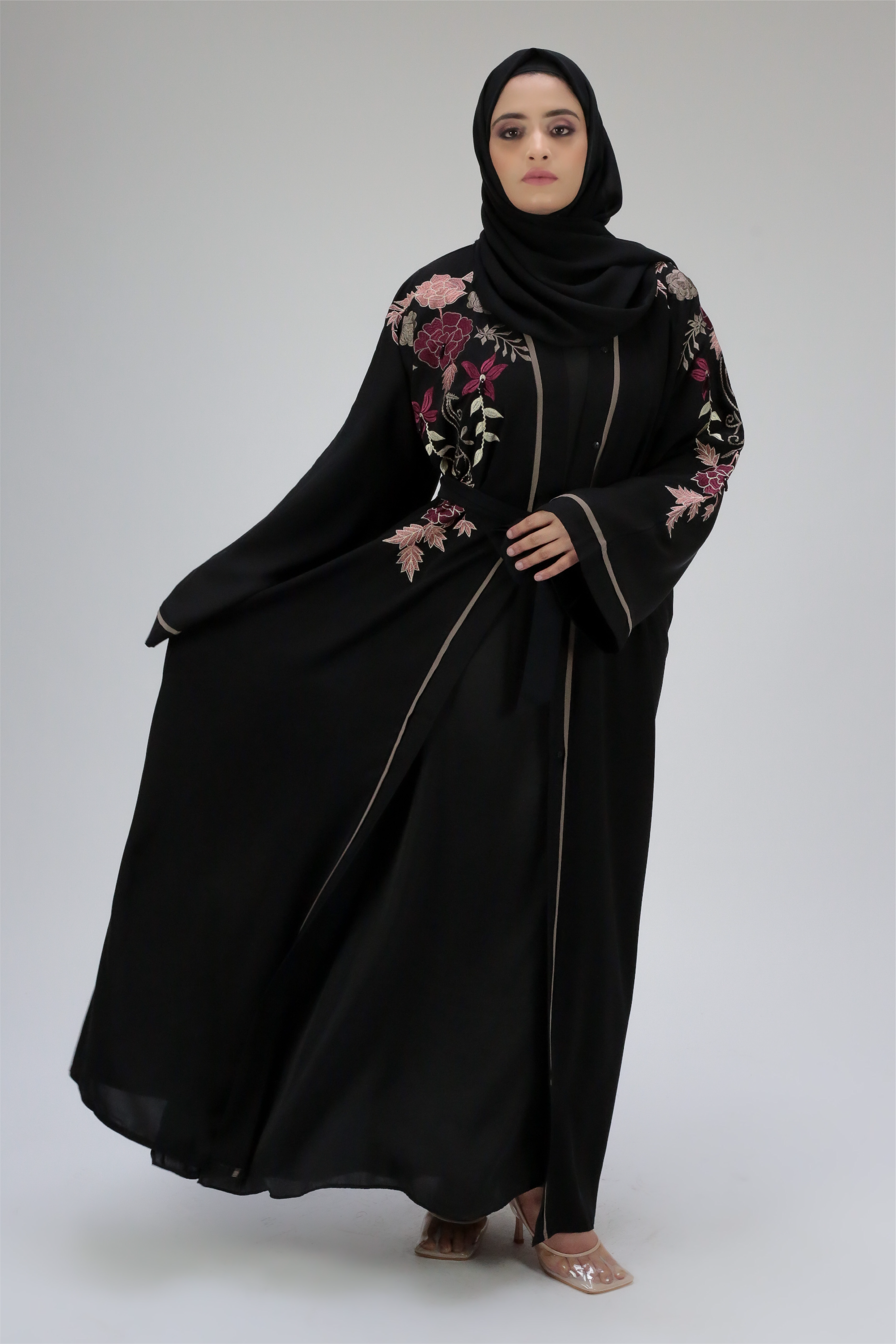 Aswad Spring Blossom Embroidery Black Open Abaya PRE ORDER DESPATCH APRIL 1st 2024