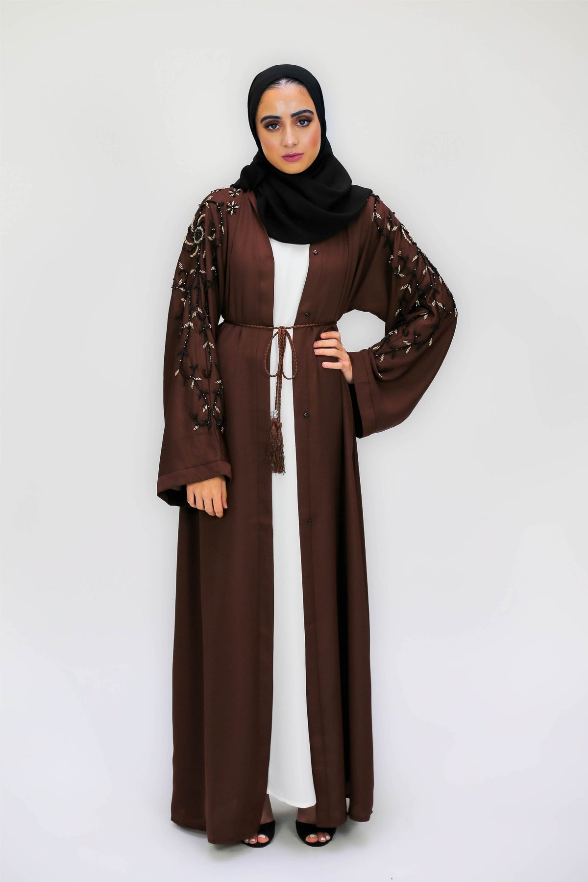 Brown Open Abaya With Contrasting Embellishment